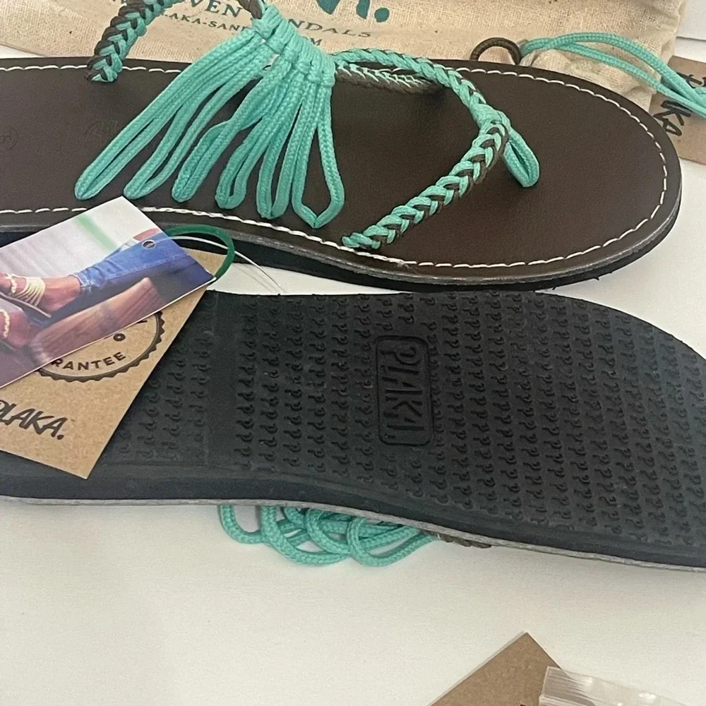 Plaka Flip Flops Thong Sandals Teal Brown size 6 / free toe ring - Picture 6 of 16